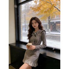 批发韩国蝴蝶结针织毛衣<b class='q'>连衣裙</b>秋冬洋气收腰显瘦小个子温柔<b class='q'>淑女</b>小香风