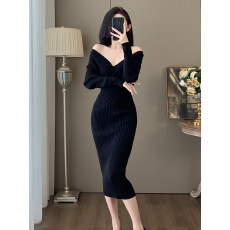 批发韩国V领一字领露肩针织毛衣连衣裙春气质心机夜店OL内搭打底长裙