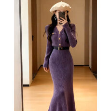 批发韩国小香风气质紫色针织连衣裙2026春装新款百搭御姐约会打底长裙