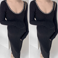 批发韩国高级感<b class='q'>孕妇装</b>气质收腰针织包臀连衣裙打底修身显瘦镶钻小黑裙