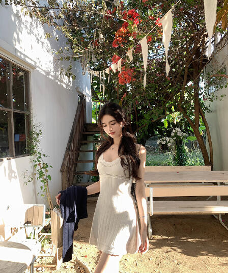 한국 famouswang 여름 남쪽 법 휴일 프랑스식 레트로 소녀 레이스 홀로우 아웃 얼음 실크 슬립 드레스