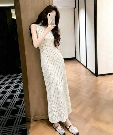 한국 품격 숙녀 부드러운 작은 샤넬 스타일 홀로우 아웃 조끼 얼음 실크 드레스 프랑스식 유럽과 미국 ol 고급 센스 롱 스커트