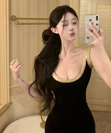 한국 품격 명문 여성 홍콩 스타일 u 칼라 슬립 얼음 실크 드레스 작은 키 심장 기계 나이트 클럽 핫걸 바람 조끼 스커트