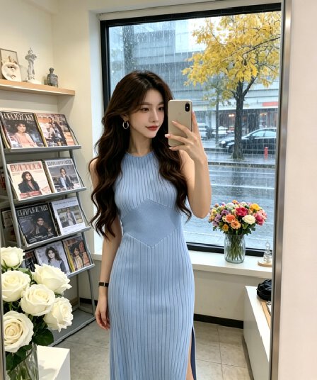 한국 레트로 품격 숙녀 민소매 니트 얼음 실크 여성 드레스 여름 몸매 가꾸기 슬림해 보이는 타이트 스커트 ol 트임 롱 스커트