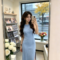 批发实拍韩国<b class='q'>复古</b>气质淑女无袖针织冰丝<b class='q'>连衣裙</b>修身显瘦包臀OL开叉长裙