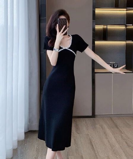 한국 홍콩 느낌 레트로 패션 부드러운 우아함 그는 벤 바람 얼음 실크 드레스 슬림해 보이는 디스플레이 높음 ol 허리 수축 작은 검은 드레스