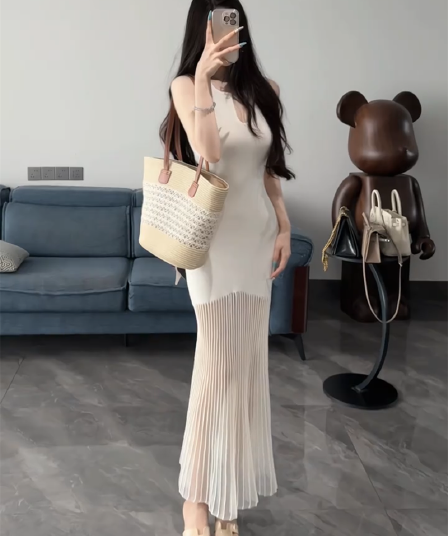 한국 망사 패치워크 얼음 실크 여성 드레스 여름 품격 허리 수축 몸매 가꾸기 인어 꼬리 스커트 아름다운 휴가 롱 스커트 ol