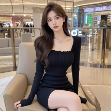 批发韩国黑色方领毛衣针织<b class='q'>连衣裙</b>女秋季纯欲甜辣御姐风收腰显瘦包臀裙