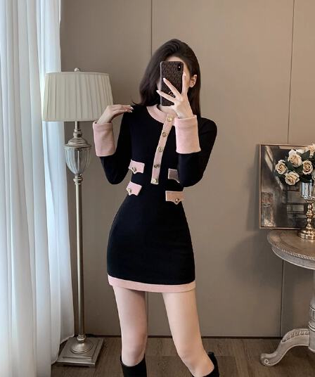 한국 부유 한 가족 천 골드 홍콩 스타일 그는 벤 바람 작은 검은 드레스 작은 키 로얄 자매 바람 작은 샤넬 스타일 니트 스웨터 드레스