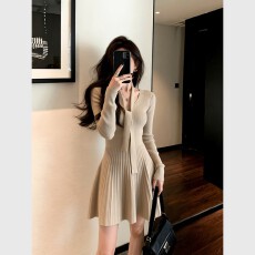批发韩国气质少女千金感港式温柔淑女系带V领系带针织毛衣百褶<b class='q'>连衣裙</b>