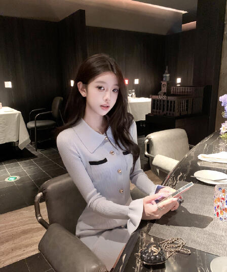 만약 언어 맞춤 Jiaojiao 여자 친구 sef 조상 거위 나팔 소매 드레스 품격 명문 여성 하이웨이스트 몸매 가꾸기 스웨터 드레스