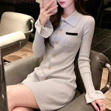批发法式小香风polo领喇叭袖针织连衣裙女秋<b class='q'>冬</b>小个子修身打底包臀短裙