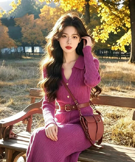 작은 샤넬 스타일 슈퍼 잘 생긴 로즈 레드 V넥 니트 여성 드레스 가을 겨울 품격 허리 수축 인사이드 가져 가라. 만나는 스웨터 드레스