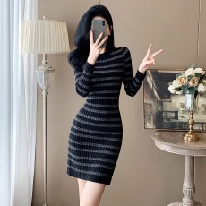 批发韩国港式<b class='q'>欧美</b>小香风撞色条纹针织毛衣连衣<b class='q'>裙</b>修身OL包臀外穿打底<b class='q'>裙</b>
