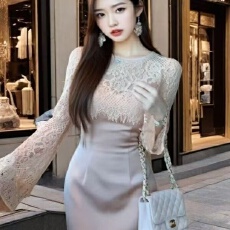 批发秋季<b class='q'>连衣裙</b>2025新款轻奢法式气质设计感小众<b class='q'>高档</b>蕾丝拼接系带裙子