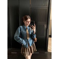 批发LINONEONE 9/19 小有腔调 <b class='q'>童</b>趣刺绣收腰牛仔<b class='q'>衬衫</b>短款修身带领带