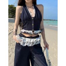 批发Barbey 青时嘉木 蕾丝花边拼接V领<b class='q'>上衣</b>女拖地仿<b class='q'>牛仔</b>裤套装