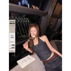 批发4/20「offduty」挂脖拉链<b class='q'>背心</b><b class='q'>牛仔</b>上衣+无腰头<b class='q'>牛仔</b>直筒长裤