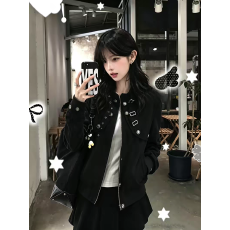 批发美式辣妹立领短款外套女金属扣设计修身正肩痞帅夹克