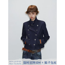 批发TearOcean*水洗做旧复古短款<b class='q'>夹克</b><b class='q'>女</b>立领双排扣斜门襟宽松直筒外套
