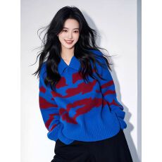 批发好看内搭上衣宝蓝色撞色polo领宽松加厚针织毛衣女春