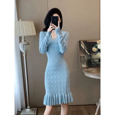 批发温柔小香风秋<b class='q'>冬</b>季甜美气质镂空针织连衣裙鱼尾包臀毛衣裙女打底裙