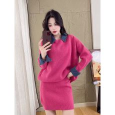 批发韩系新款小个子穿搭套装学院风假两件牛仔衬衫领毛衣短裙<b class='q'>两件套</b>女