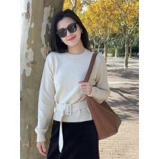 批发套头毛衣复古气质圆领简约2025秋季长袖针织衫显瘦纯色上衣慵懒风