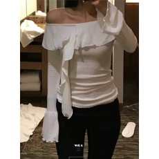 批发<b class='q'>韩国</b>东大门<b class='q'>代购</b> 荷叶边露肩辣妹薄透喇叭袖口长袖<b class='q'>T</b><b class='q'>恤</b>