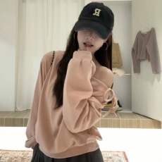 批发2025秋季新款韩版斜领露肩系带卫衣<b class='q'>女</b>宽松休闲高级感别致减龄上衣