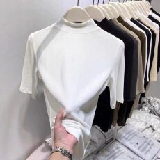 批发黑色半高领中<b class='q'>袖</b>打底衫女早秋新款修身内搭五分<b class='q'>袖</b><b class='q'>T</b><b class='q'>恤</b>显瘦百搭上衣