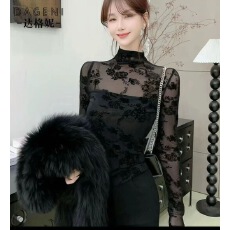 批发半<b class='q'>高领</b>微透女士秋冬<b class='q'>打底衫</b>2025新款高级感t恤法式蕾丝衫黑色上衣