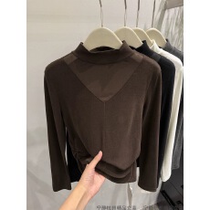 2025冬季新款立领网纱拼接磨毛绒长袖纯色T恤女显瘦百搭柔软上衣