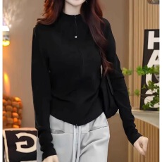 批发秋冬洋气加绒双拉链立领长袖<b class='q'>T</b><b class='q'>恤</b>大码<b class='q'>女</b>装显瘦内搭打底衫上衣