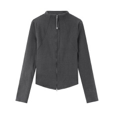 批发灰色立领双拉链长袖<b class='q'>t</b><b class='q'>恤</b><b class='q'>女</b>秋冬修身显瘦打底衫加绒上衣