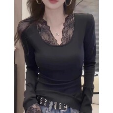批发纯欲蕾丝拼接长袖<b class='q'>T</b><b class='q'>恤</b><b class='q'>女</b>秋冬修身显瘦遮肚内搭打底衫上衣