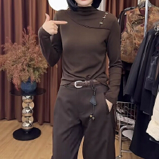 半高领长袖T恤女2025秋冬款韩版时尚拼接设计洋气保暖打底衫上衣