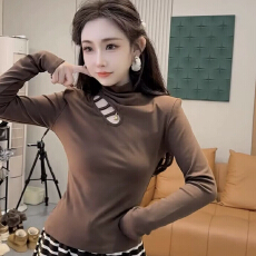 批发半高领时尚镂空上衣女士打底衫长袖春秋冬新款小个子修身短款t恤