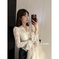 批发2025新款法式时尚<b class='q'>衬衫</b>修身百搭复古<b class='q'>蕾丝</b>衫纯欲V领长袖上衣打底衫