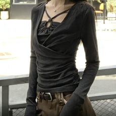 挂脖假两件内搭打底衫t恤女冬季复古修身方领长袖上衣