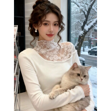 批发蕾丝拼接半高领长袖<b class='q'>T</b><b class='q'>恤</b>女打底衫2025秋冬新款纯欲别致<b class='q'>短款</b>上衣