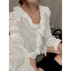 批发设计感小众v领荷叶边系带<b class='q'>衬衫</b>女秋冬2025<b class='q'>新款</b>法式气质上衣