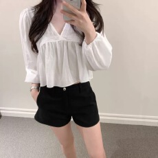 批发韩国chic秋季温柔小清新V领蕾丝拼接设计宽松长袖短款雪纺衬衫女