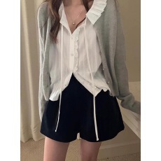 批发韩国chic早春甜美减龄单排扣飘带拼接木耳边宽松<b class='q'>百搭</b>泡泡袖<b class='q'>衬衫</b>女