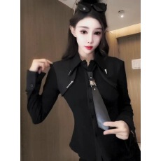 批发学院风领带设计感拼接长袖<b class='q'>衬衫</b>女小众修身显瘦时尚磨毛上衣秋冬新