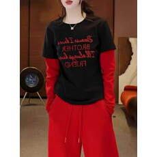 批发字母印花长袖t恤女装内搭春秋季新款撞色假两件打底上衣<b class='q'>气质</b>小衫