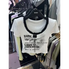 2026新设计感辣妹复古短款露腰字母印花链条装饰百搭短袖T恤