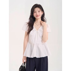 批发韩系v领抽褶设计<b class='q'>衬衣</b>女夏<b class='q'>气质</b>短袖上衣
