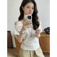 批发一字肩露肩短袖T恤女2026夏季新款褶皱收腰遮肉高级感上衣