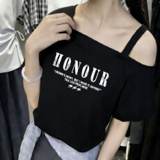 批发夏季新款韩系斜肩字母短袖T恤女宽松洋气<b class='q'>露肩</b>百搭显瘦<b class='q'>上衣</b>tee